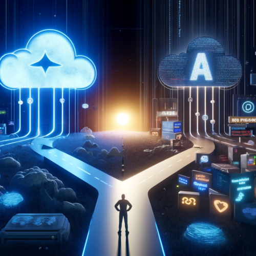 The image depicts a digital landscape where two paths diverge, one leading towards a cloud-shaped symbol representing Azure Data Factory and the other towards a code-bracket-shaped symbol for Function Apps. The paths are illuminated by flowing streams of data. A figure of a data engineer stands at the fork, contemplating the decision between the two paths. The background is filled with symbols of cloud computing, data integration, and real-time processing, capturing the essence of the decision-making process in data processing projects within the Azure ecosystem.