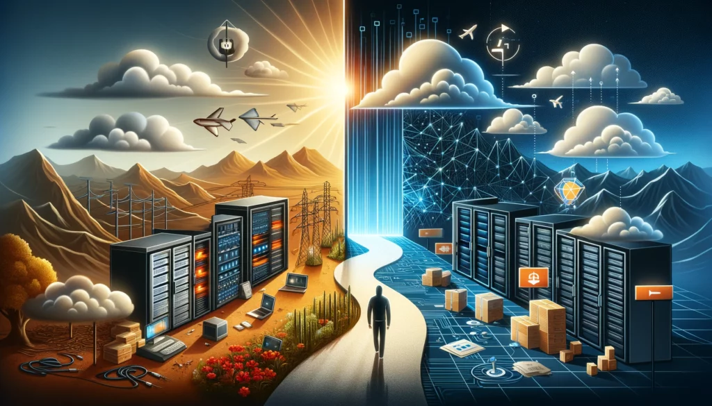 An illustrative banner depicting the migration from on-premises data architecture to AWS cloud. The left side shows a dark, cluttered on-premises data center with racks and cables. The right side transitions to a bright and modern representation of AWS cloud, characterized by a stylized, efficient cloud structure. In the center, a figure symbolizing ProCogia guides clients towards the cloud, representing the transformation and migration process. Elements of security, agility, and innovation are visually integrated into the cloud side of the image.