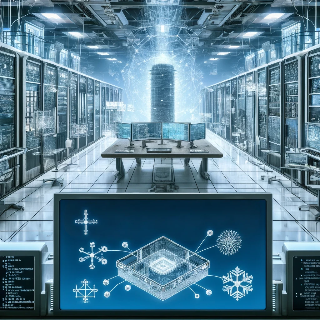 A futuristic data center environment filled with rows of server racks and multiple monitors displaying lines of code and data flow diagrams. The room is illuminated by blue and white lights, creating a high-tech atmosphere. A large foreground monitor shows a detailed 3D model of Snowflake's Event Table, surrounded by connecting lines and nodes, symbolizing data integration and management. The setting conveys cutting-edge technology used in advanced data processing and analytics.