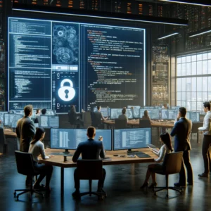 Modern tech office with a diverse team of cybersecurity experts discussing strategies to secure the R environment. Monitors display R code and security warnings, highlighting the urgency of addressing vulnerabilities.