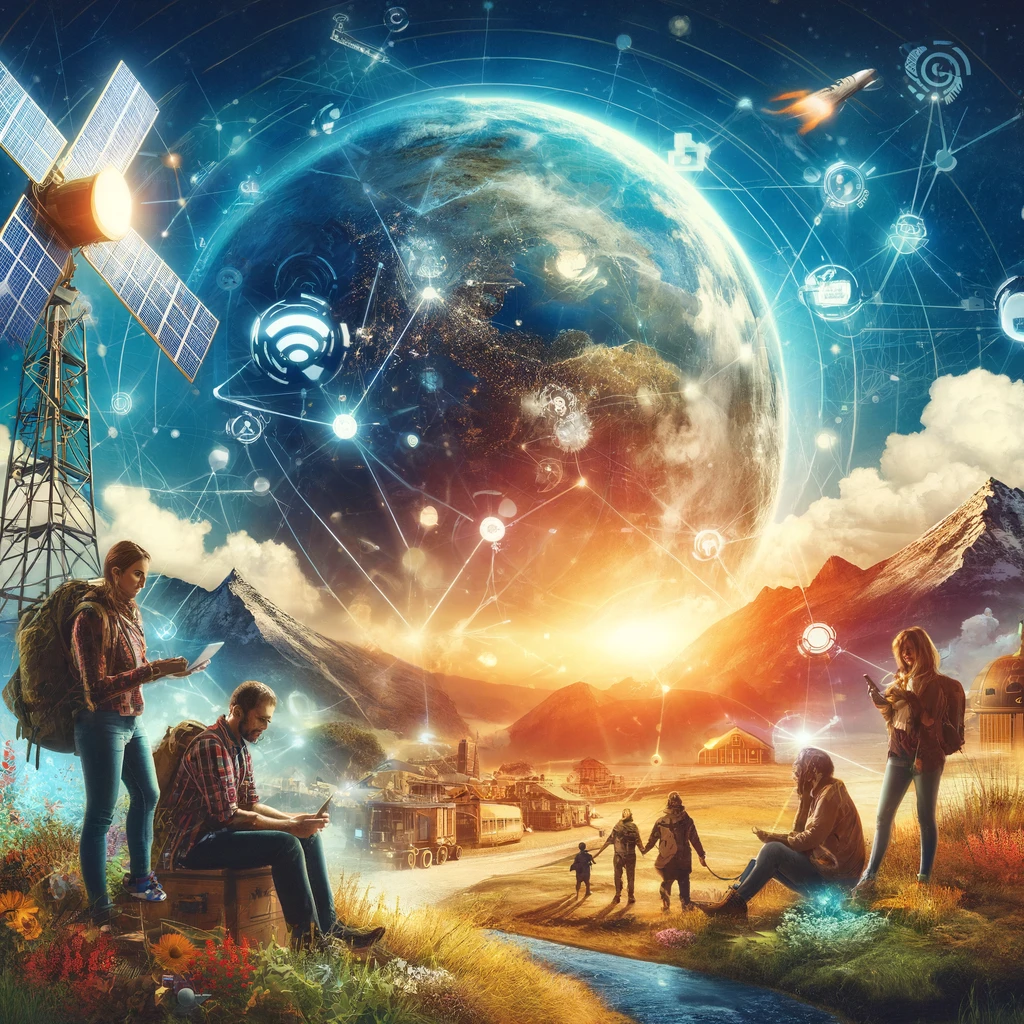 Telecom Innovations: A vibrant digital collage showing a satellite orbiting Earth, with diverse landscapes like mountains, deserts, and forests below. People including a family, a hiker, and a businessperson use smartphones and tablets, highlighting global connectivity in remote areas