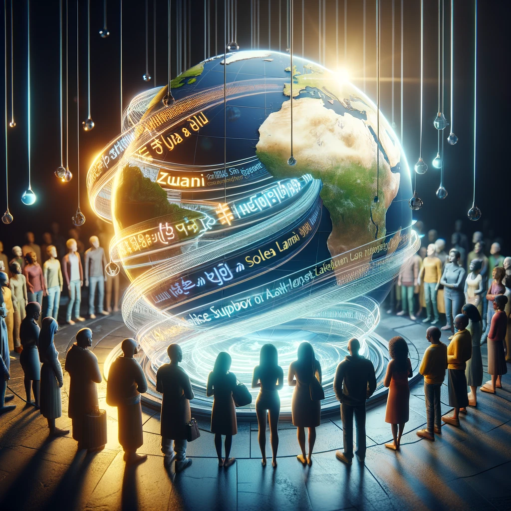 "Illustrative image for the blog titled 'Giving a Voice to the Unheard: Multi-Language Support for Least Spoken Languages in LLMs'. The image depicts a diverse group of people from various ethnic backgrounds symbolizing South African languages such as Zulu, Xhosa, Northern Sotho, and Afrikaans. They are gathered around a large, luminous globe with flowing text in multiple languages, set against a backdrop of a modern, high-tech environment. This visual emphasizes global communication and the technological advancement of language models, with soft lighting that highlights unity and diversity.