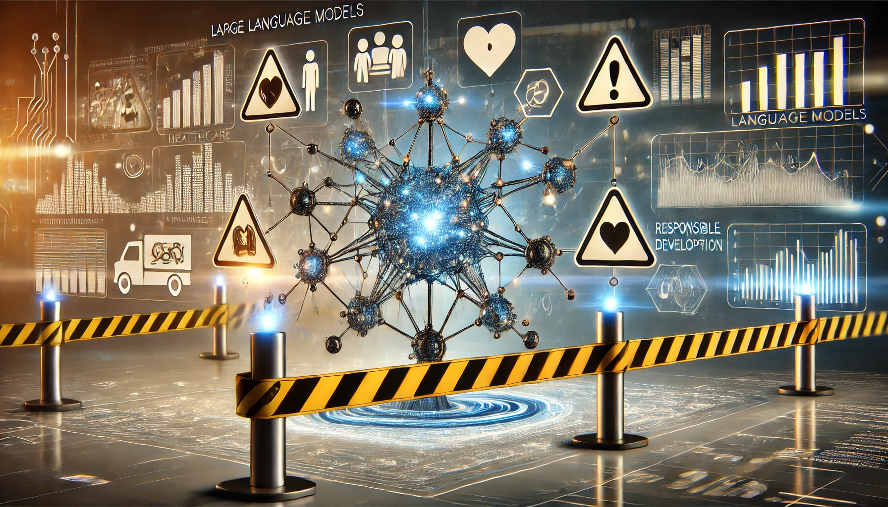 Futuristic illustration depicting the integration of Large Language Models (LLMs) in healthcare, finance, and marketing. The image shows LLMs as interconnected nodes with guardrails symbolizing safety and security, set against a background of tech elements and digital connections, featuring icons like healthcare symbols, financial graphs, and marketing analytics.