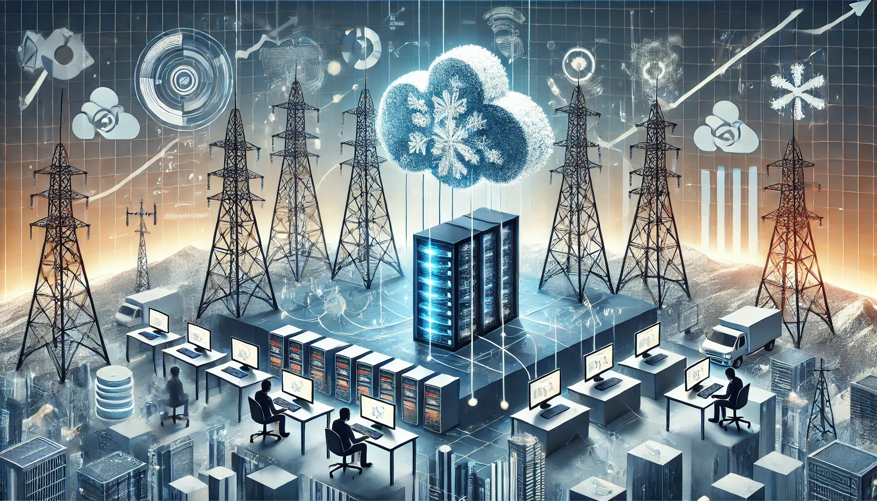 Illustration of telecom companies transitioning from Databricks to Snowflake, featuring telecom towers, data lines, and professionals working on computers, emphasizing cost efficiency.