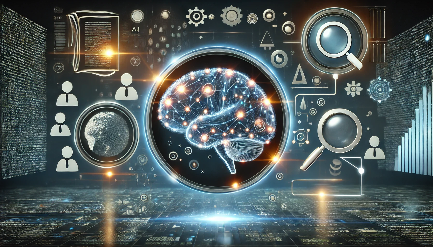 Modern digital interface showcasing advanced AI techniques, featuring a glowing brain symbolizing a large language model (LLM) at the center, surrounded by icons representing retrieval-augmented generation (RAG) techniques such as a magnifying glass over a document and a search icon, with data streams and a globe in the background.
