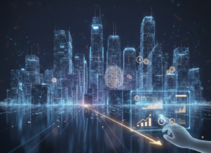 A wide landscape digital illustration for a blog titled "Turning AI Potential into Impactful Business Use Cases". The image features a futuristic, glowing blue cityscape representing a data-driven "frontier firm". In the foreground, a translucent human hand interacts with a holographic interface displaying data charts and AI icons, symbolizing the transition from human assistants to autonomous, agent-led operations.